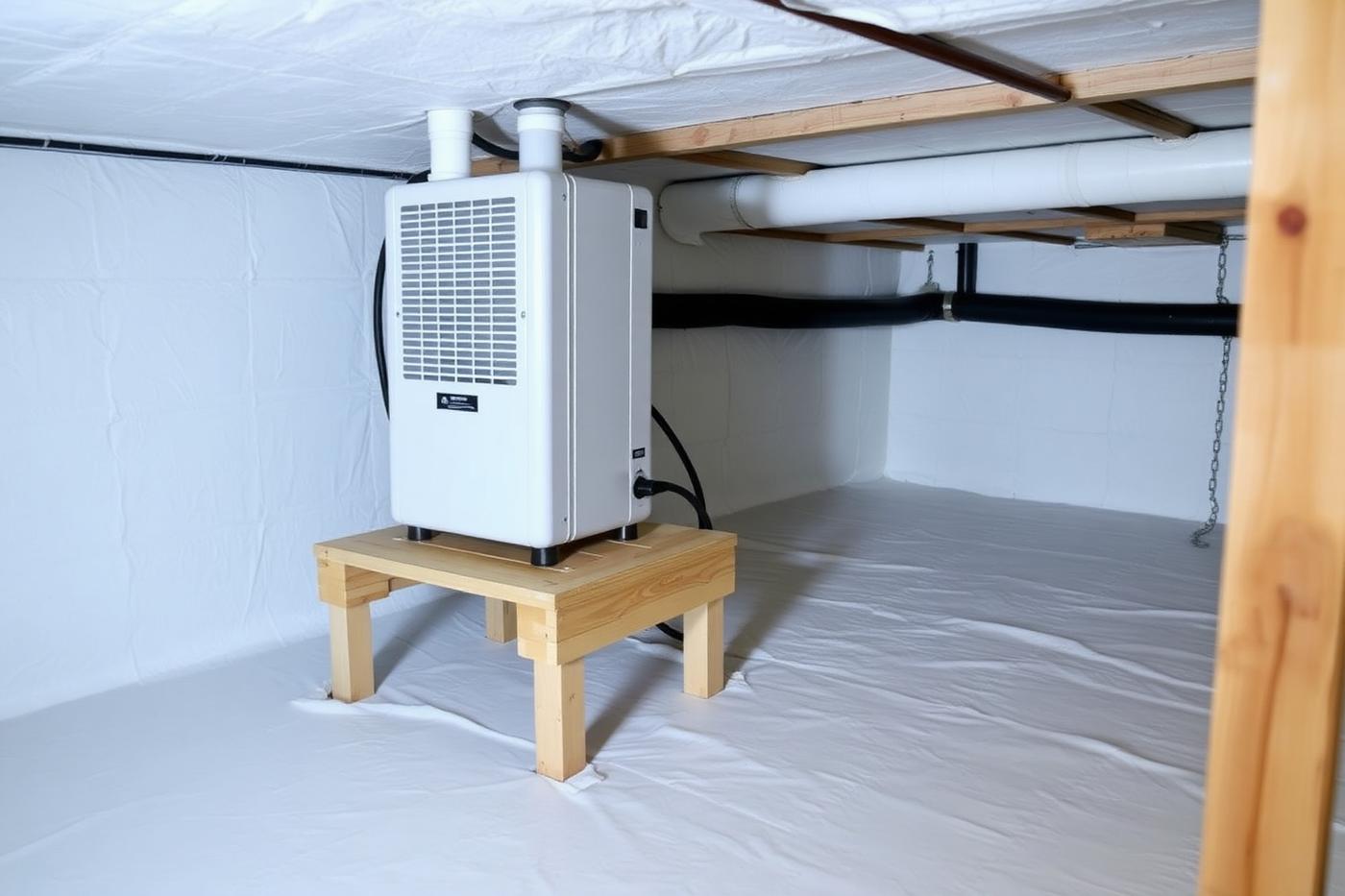 Dehumidifier installed in a clean encapsulated crawl space with white liner
