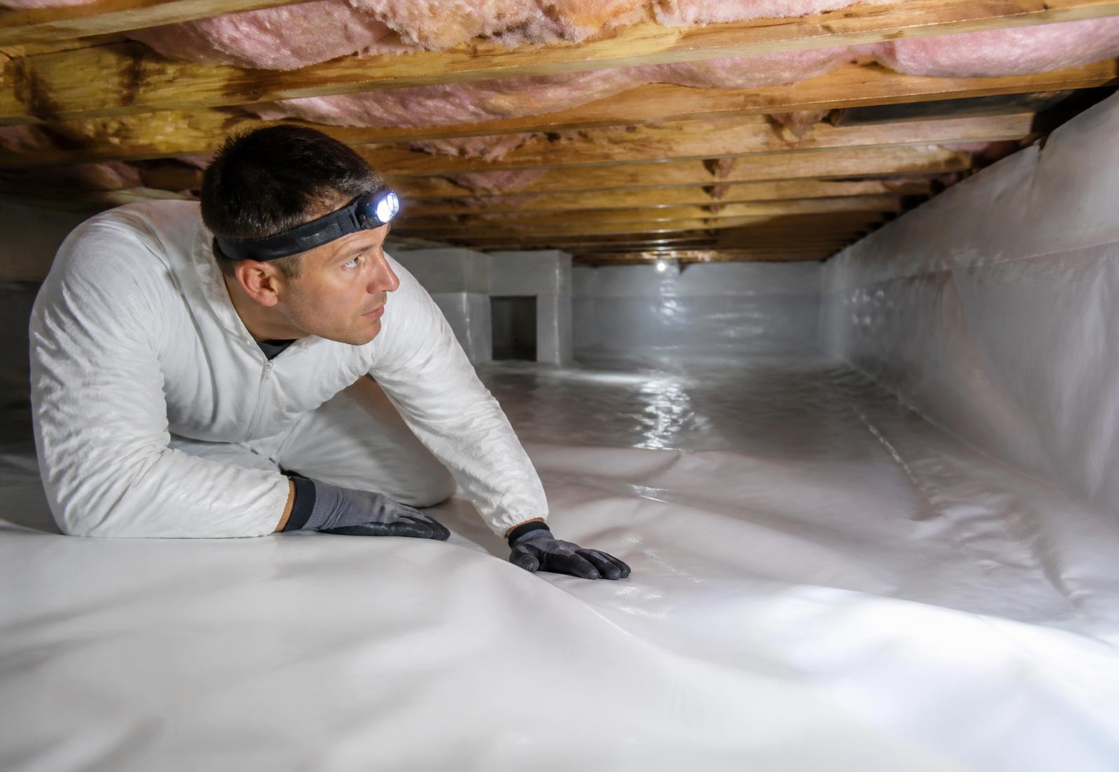 Technician inspecting a sealed, encapsulated crawl space beneath a Virginia home